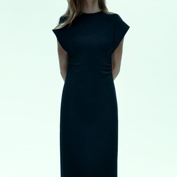 Zara Dresses Nwt Zara Gathered Midi Dress Navy Blue Ref 97966 L